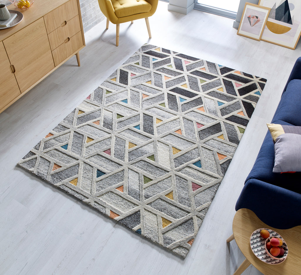 Thick Ombre Grey and Multi Geometric Area Rug